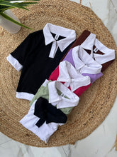 Ribbed Collar Dual Tone Half Sleeves Top