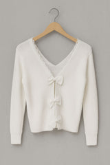 Elegant Women's V-Neck Sweater with Lace Bow