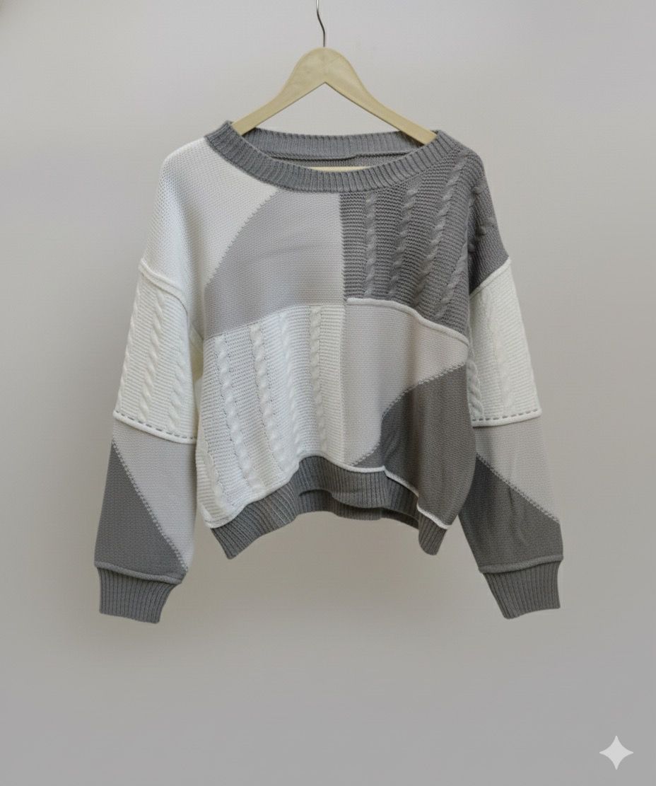 COLOR BLOCK DROP SHOULDER CABLE KNIT SWEATER